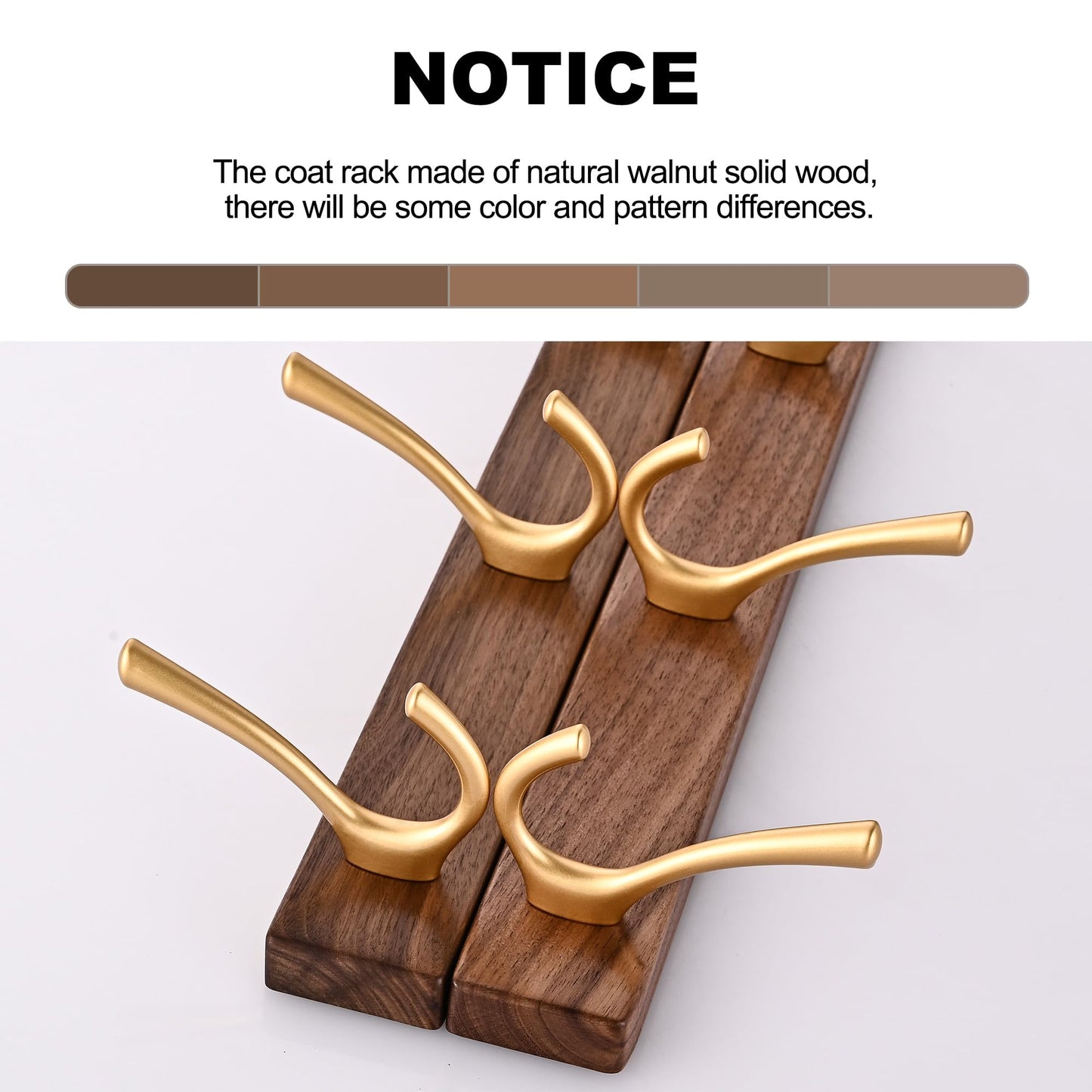 LECHYN 17.3" Small Walnut Wood Coat Rack Wall Mount with 4 Hooks, Heavy Duty Wooden Jacket Hanger Door Mounted for Decorative Entryway Bathroom Hanging Towel Backpack Purse Clothes Hat Key Gold