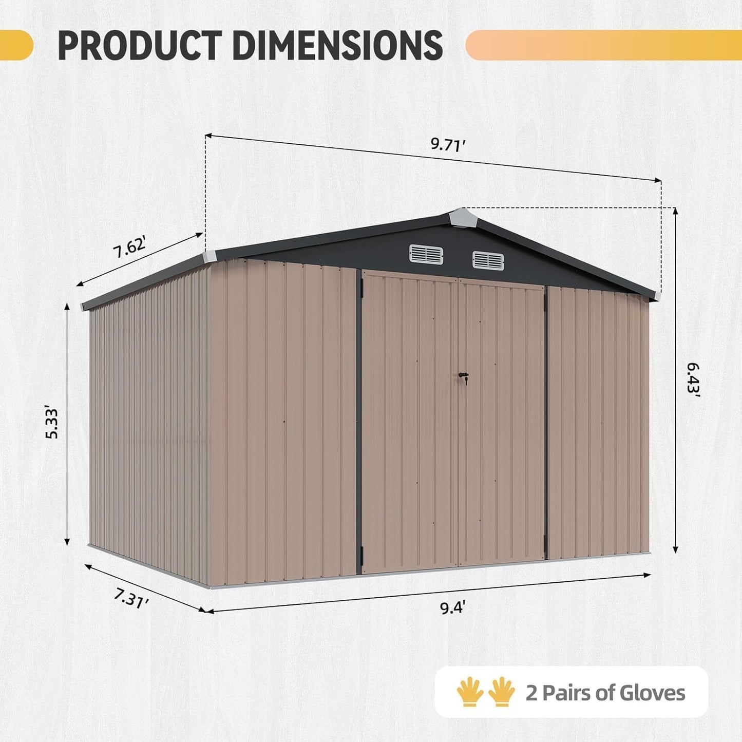 Aoxun 10x8 FT Shed with Floor Heavy-Duty Galvanized Steel Outdoor Storage Shed with Double Doors, Ventilated Weatherproof Design for Bike/Generator/Tool Organization (Brown with Floor)