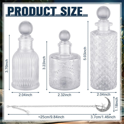 Potchen 3 Pcs Moon Energy Glass Bottle with 3 Lunar Star Spiritual Moonlight Water Jar Chain Charging Container with Lid for Infusing Intentions Crystal Cleansing Meditation Witchcraft Home Decor