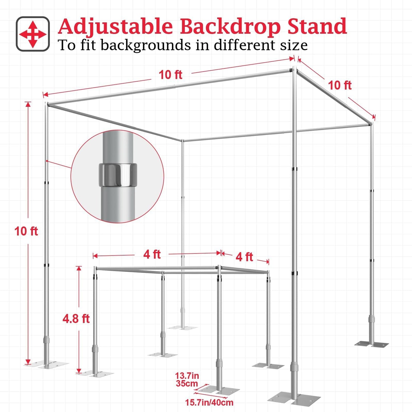 EMART 10ft Square Backdrop Stand Heavy Duty, Pipe and Drape Photo Background Support Kit, Adjustable Metal Frame with Flat Base for Wedding Birthday Party Decorations