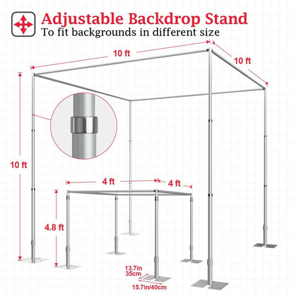 EMART 10ft Square Backdrop Stand Heavy Duty, Pipe and Drape Photo Background Support Kit, Adjustable Metal Frame with Flat Base for Wedding Birthday Party Decorations