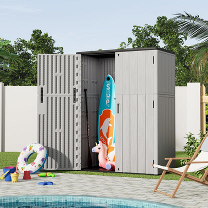 KINYING Outdoor Vertical Storage Shed,57 Cu.ft Outdoor Storage Cabinet Waterproof,Resin Sheds & Outdoor Storage Clearance for Garden,Patio,Backyard,Lockable (Grey)