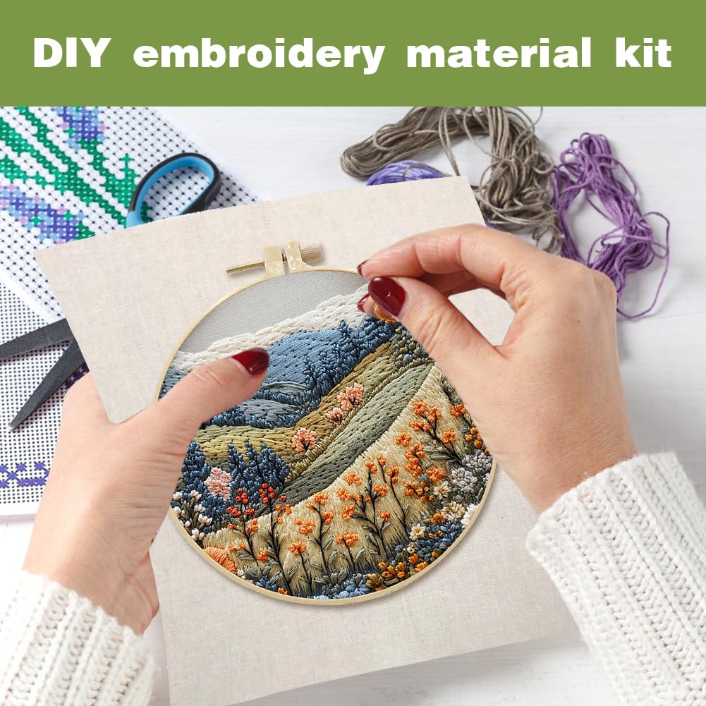 Eforcase Embroidery Starter Kit for Adult Beginner with Landscape Tree Mountain River Floral Nature Scenery Pattern Cross Stitch Hand Embroidery Set DIY Cross Stitch Kits with Hoops Needles Threads