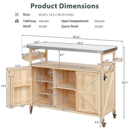 eodme Outdoor Cabinet for Patio Graden BBQ Grill Cart with Storage Cabinet, Home Rolling Kitchen Island Food Prep Table with Stainless Steel Top, Shelves, Spice Rack, Towel Rack(Natural Wood)