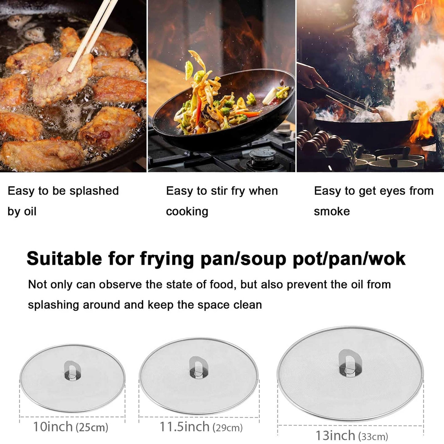 Splatter Screen for Cooking - Stainless Steel Grease Splatter Guard for Frying Pan, No Cooking Oil Mess No Burns, Ultra Fine Mesh Lids Set of 3(10", 11.5", 13")