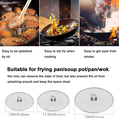 Splatter Screen for Cooking - Stainless Steel Grease Splatter Guard for Frying Pan, No Cooking Oil Mess No Burns, Ultra Fine Mesh Lids Set of 3(10", 11.5", 13")