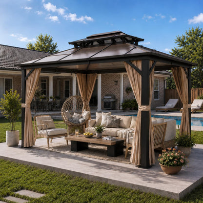 EROMMY 10' x 13' Gazebo Polycarbonate Double Roof Canopy Outdoor Aluminum Frame Pergola, Permanent Pavilion with Netting and Curtains for Garden Patio Lawns Parties