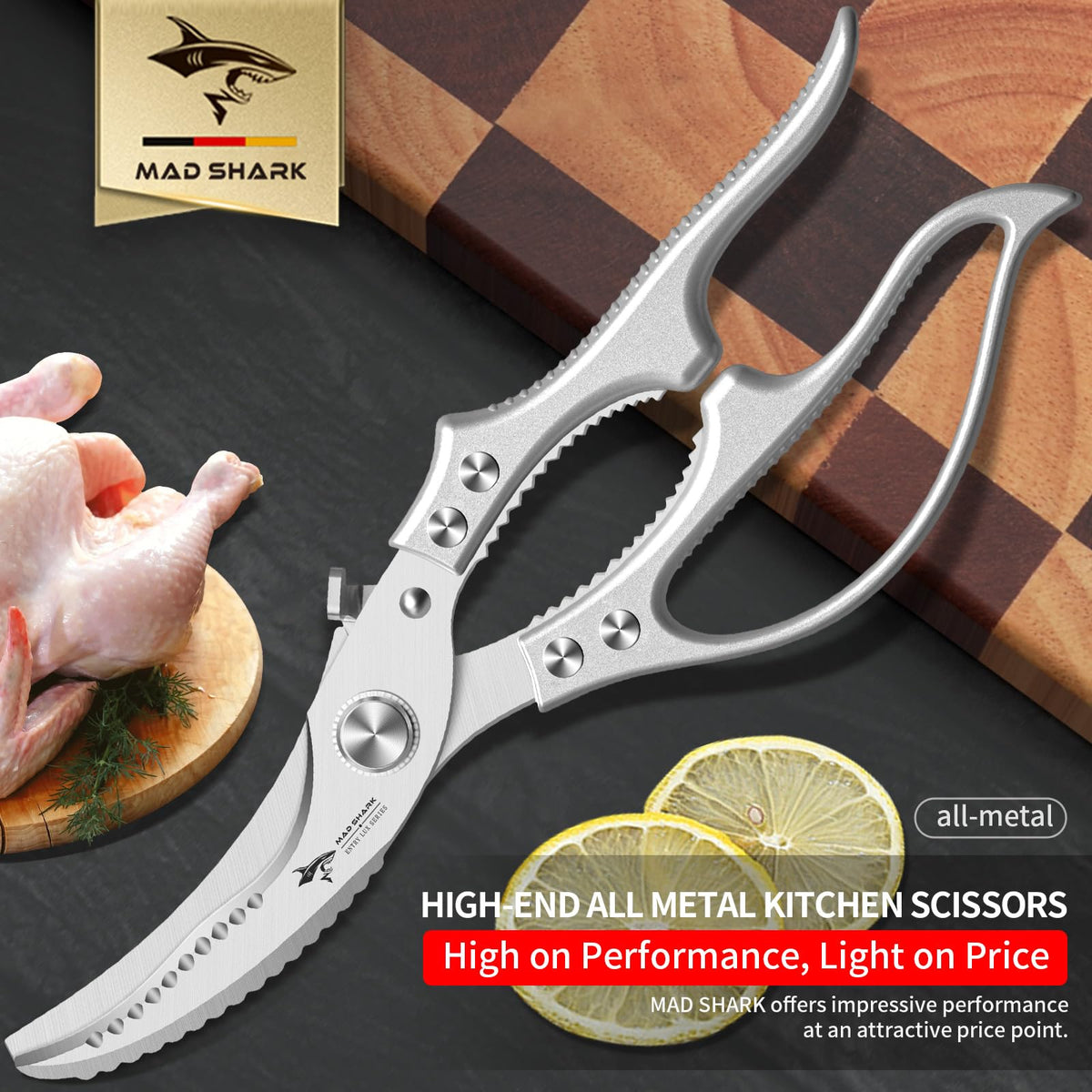 MAD SHARK Heavy Duty Poultry Shears, Kitchen Shears with Non-Slip Handle & Safety Lock, All Purpose Kitchen Scissors for Chicken, Meat Cutting, Turkey, Fish, Vegetables, Spring Loaded, Dishwasher Safe
