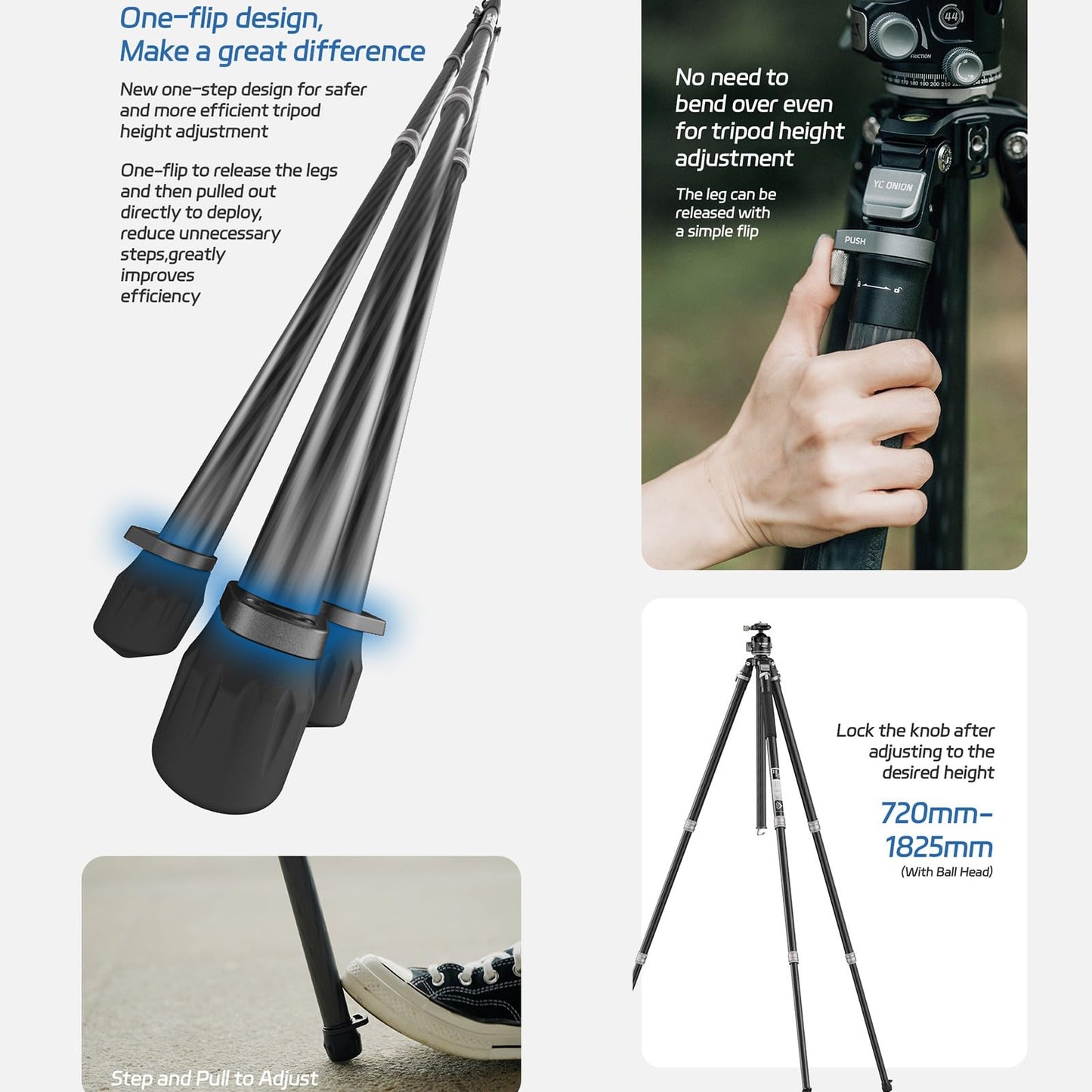 YC Onion Tako T23 Carbon Fiber Tripod with 44mm Ball Head, 3/8" Top Thread, 360° Rotation, 3 Leg Sections, One Flip Quick Release, Travel Tripod Stand for DSLR Cameras,Camcorders (Max Load 22lb)