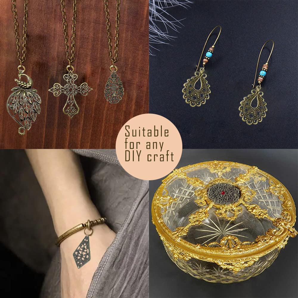 metulip 120Pcs Antique Bronze Filigree Connectors Tibetan Metal Filigree Charms Pendants Links Vintage Filigree Embellishments for Craft DIY Earrings Hairpin Necklace Jewelry Making