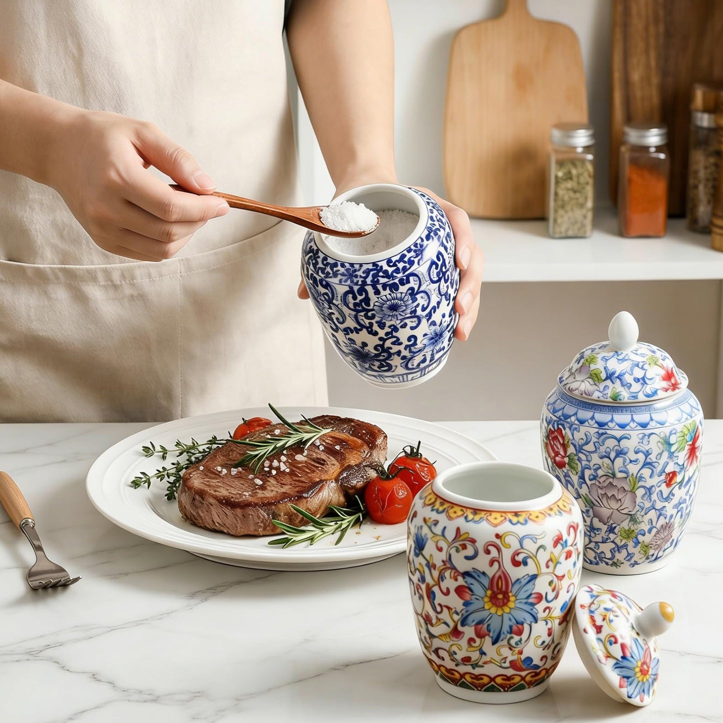 Okllen Set of 3 Small Blue and White Porcelain Salt Cellar with Airtight Lid, 250ml/ Approx. 1 Cup Sugar & Salt Crock Container Ceramic Spice Jar for Kitchen Countertop