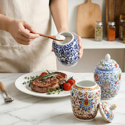 Okllen Set of 3 Small Blue and White Porcelain Salt Cellar with Airtight Lid, 250ml/ Approx. 1 Cup Sugar & Salt Crock Container Ceramic Spice Jar for Kitchen Countertop