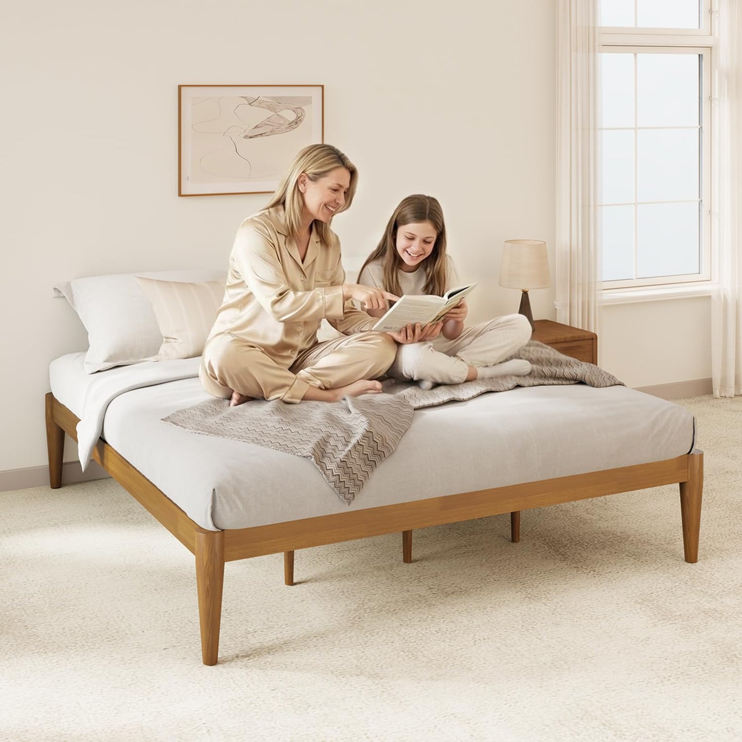 IOTXY Twin Platform Bed Frame - Solid Wood 16-Inch Height Mattress Foundation Base with Densely Slats and Heavy-Duty Support Legs, No Box Spring Needed, Teak