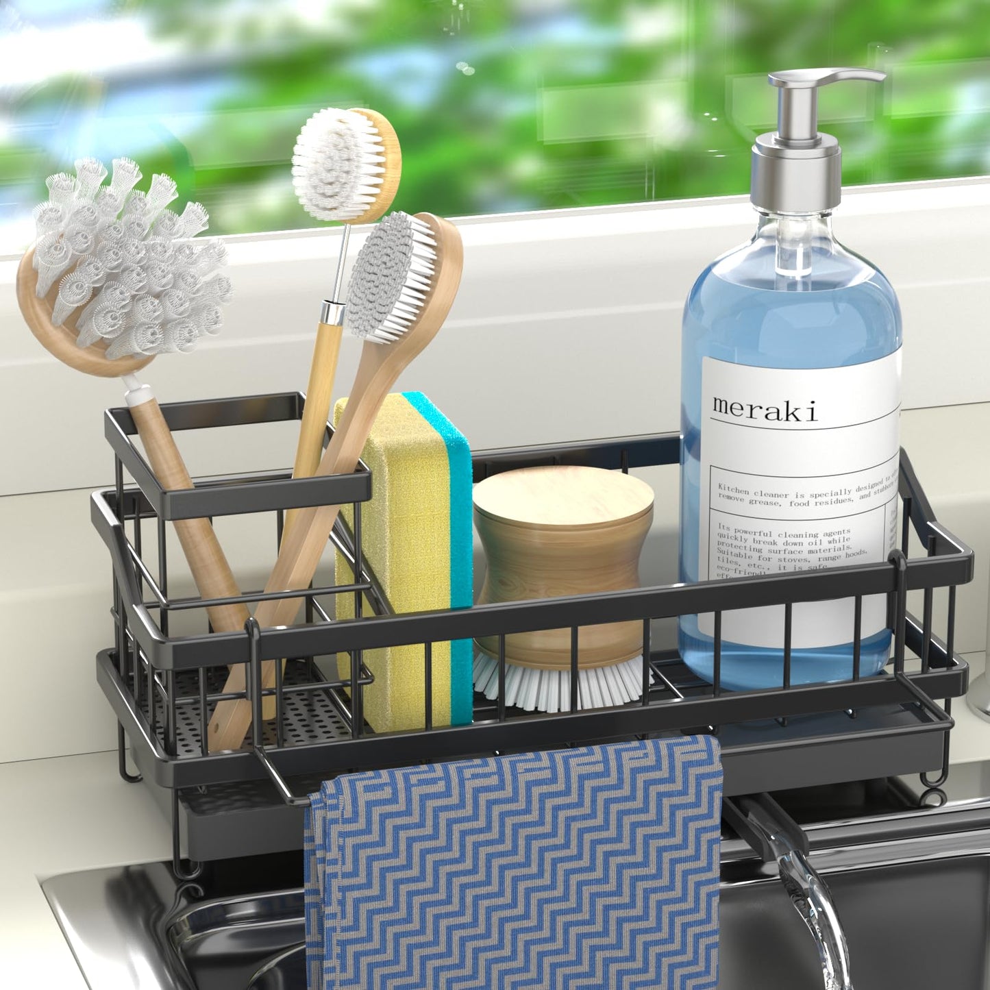 Cewomuc Sponge Holder for Kitchen Sink - Countertop Rustproof Stainless Steel, Sink Caddy, Kitchen Gadgets Accessories (Black)