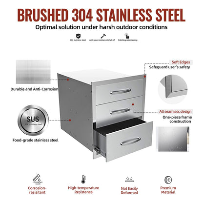 Migoda Outdoor Kitchen Drawers Stainless Steel, BBQ Drawer Inserts for Built-in Patio Grill Station, Triple Drawer, 16''W x 21''H x 23''D