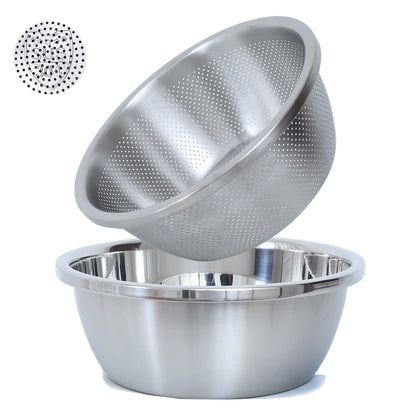 304 Stainless Steel Microporous Colander, 1.5QT Large Capacity with Mixing Bowl For washing vegetables, fruit and rice and for draining cooked pasta(2PC)