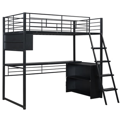 Metal Twin Size Loft Bed with Desk and LED Light,Heavy Duty Loft Bed Frame with Storage Shelves and Inclined Ladder for Kids,Adults,Twin Size,Black