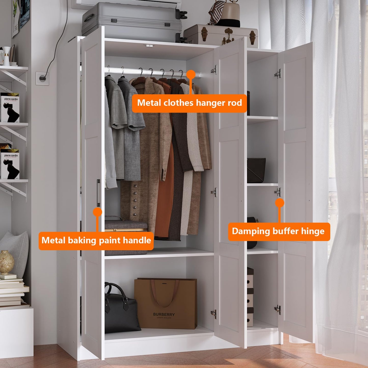 Fenghua Lizhi 3 Doors Wooden Wardrobe Closet Armoire, White Storage Cabinet for Hanging Clothes, Bedroom Large Capacity Freestanding Armoire,Wood Wardrobe Combination with Shelves