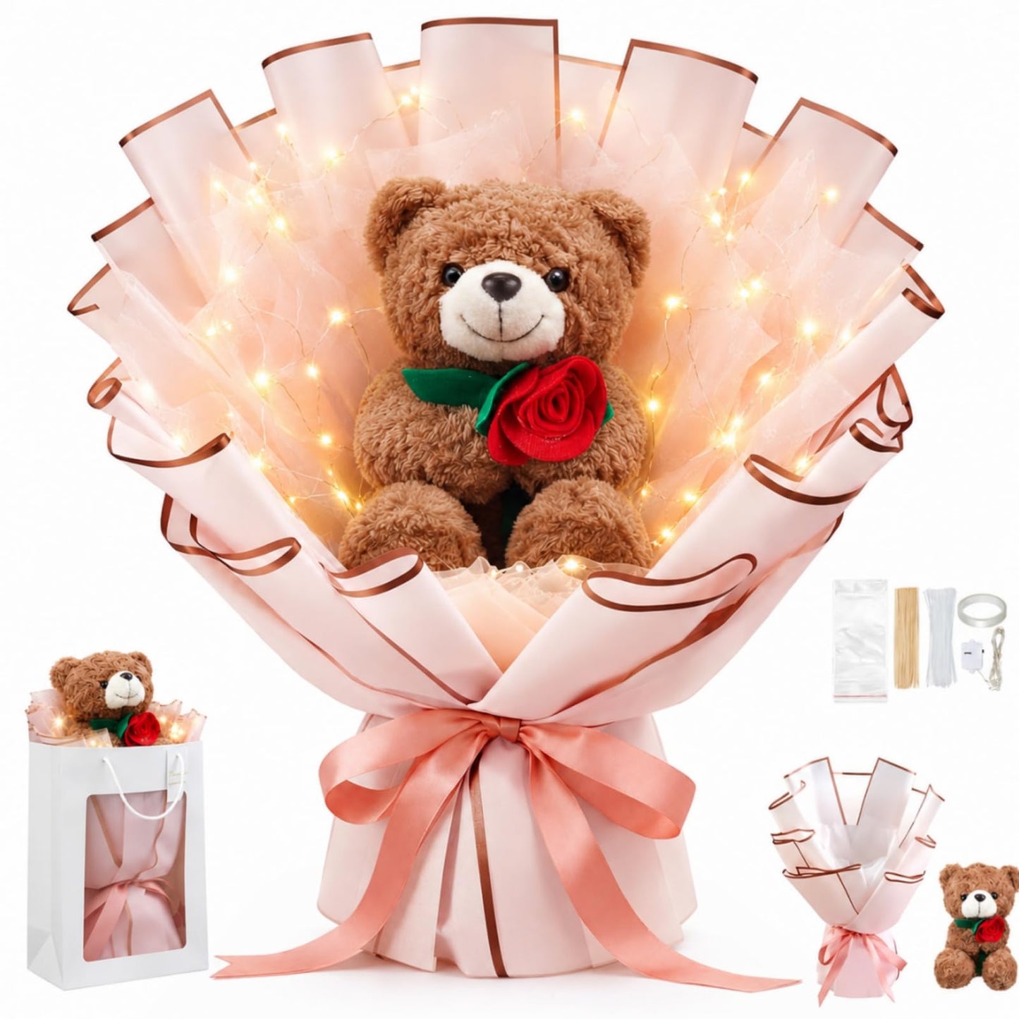 Mimorou DIY Money Bouquet Kit with Teddy Bear, Graduation 2026 Gift, Cash Flower Bouquet Wrapping Set for Birthday, Anniversary Present for Wife Grandma(Floral Bear,Pink Gold)