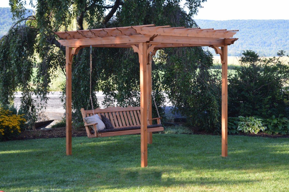 A&L Furniture Co. 8' x 8' Amish-Made Cedar Pergola with 6' Royal English Porch Swing, Cedar