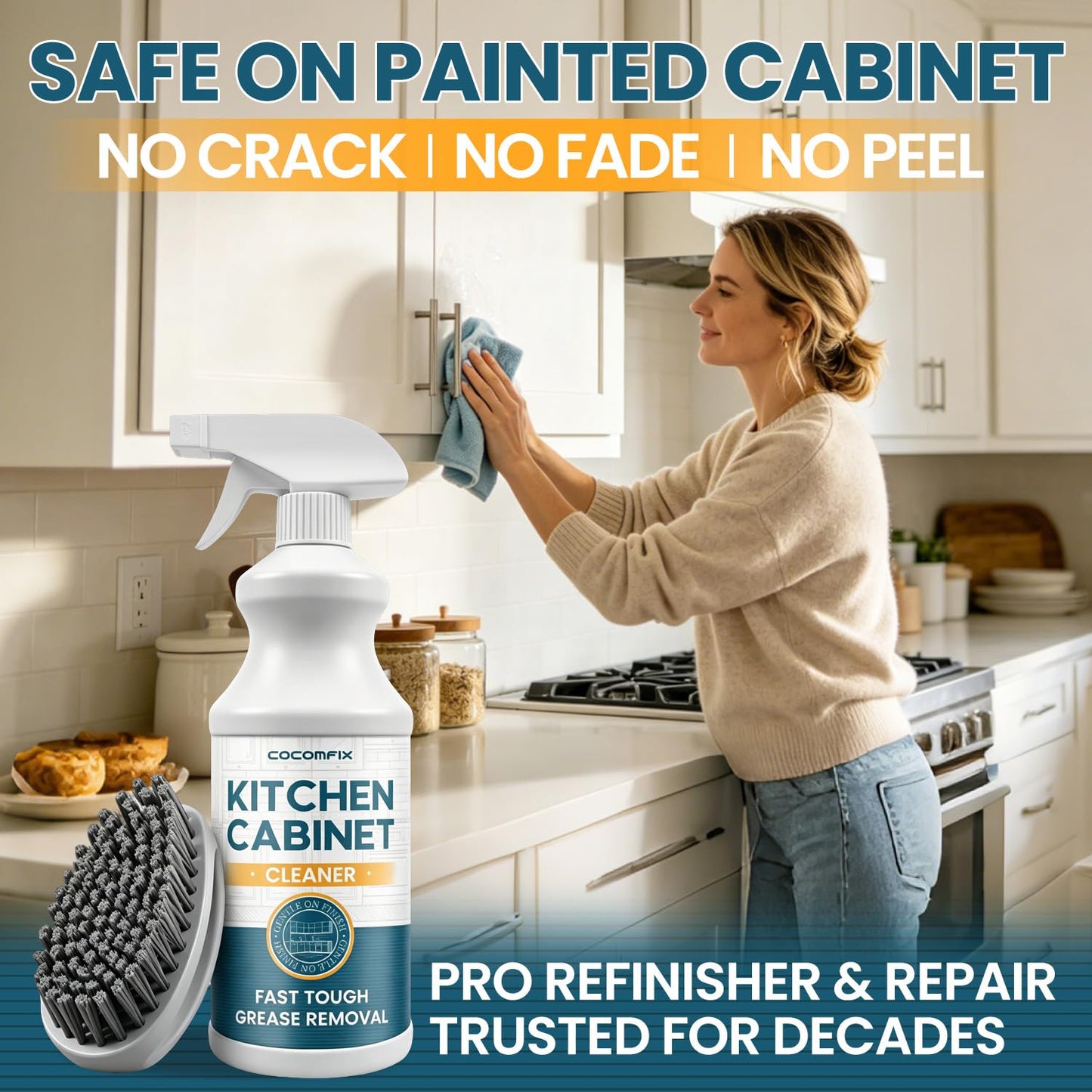 cocomfix Kitchen Cabinet Cleaner, Tough & Gentle Degreaser for Wood, Painted Kitchen Cabinet & Furniture, Grime & Grease Remover – No Residue, No Streaks, with Soft Scrub Brush – 32oz