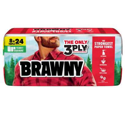 Brawny Tear-A-Square 3-Ply Paper Towels, 8 Triple Rolls = 24 Regular Rolls, Strong, Absorbent, and Durable with 3 Sheet Sizes (Quarter, Half, Full)