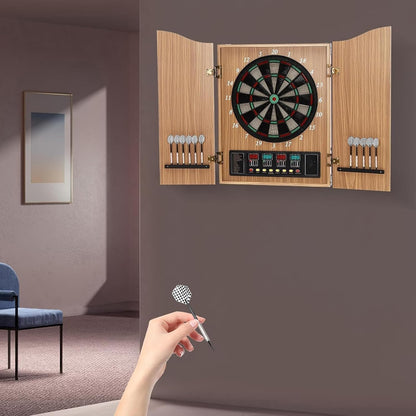 Electronic Dart Board, Wooden Box Dartboard with 12 Soft Tip Dart, 18 Inch LED Digital Dart Boards, Multiplayer/Multiple Ways to Play, Darts Competition