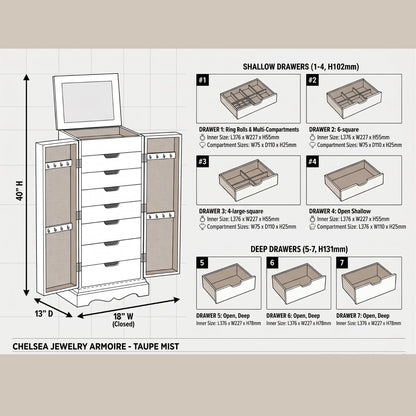 Hives & Honey Meadow Standing Jewelry Armoire Cabinet, Jewelry Storage Organizer with Top Flip Mirror, 2 Doors, 7 Drawers, Jewelry Chest, Jewelry Box for Necklace, Earring, Bracelet, Taupe