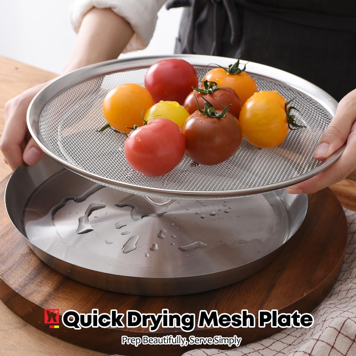 WAGENSTEIGER Stainless Steel Mesh Tray Set with Drip Pan, Air Fryer Basket and Tray, Kitchen Colander, Vegetable and Fruit Strainer, Food Filter, BBQ Prep Tool, Fruit Serving Dishes (9.84 inch)