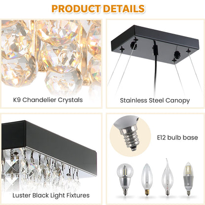 7PM Rectangle K9 Crystal Chandelier Modern Rectangular Pendant Lighting Fixture for Dining Room Kitchen Island Bedroom Black L47'' x W10'' x H10''