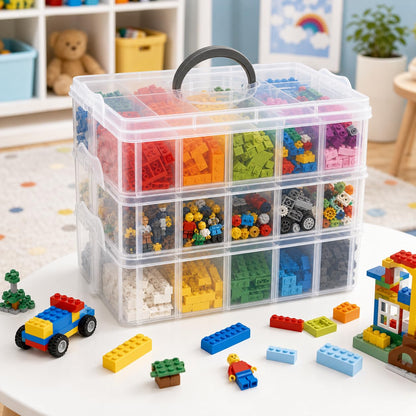 Guyuyii 3-Tier Stackable Bead Organizer with Adjustable Compartments and Carry Handle - BPA-Free Craft Storage Case with Lid for Sewing Supplies, Jewelry, Washi Tape, Embroidery Floss, Lego Pieces