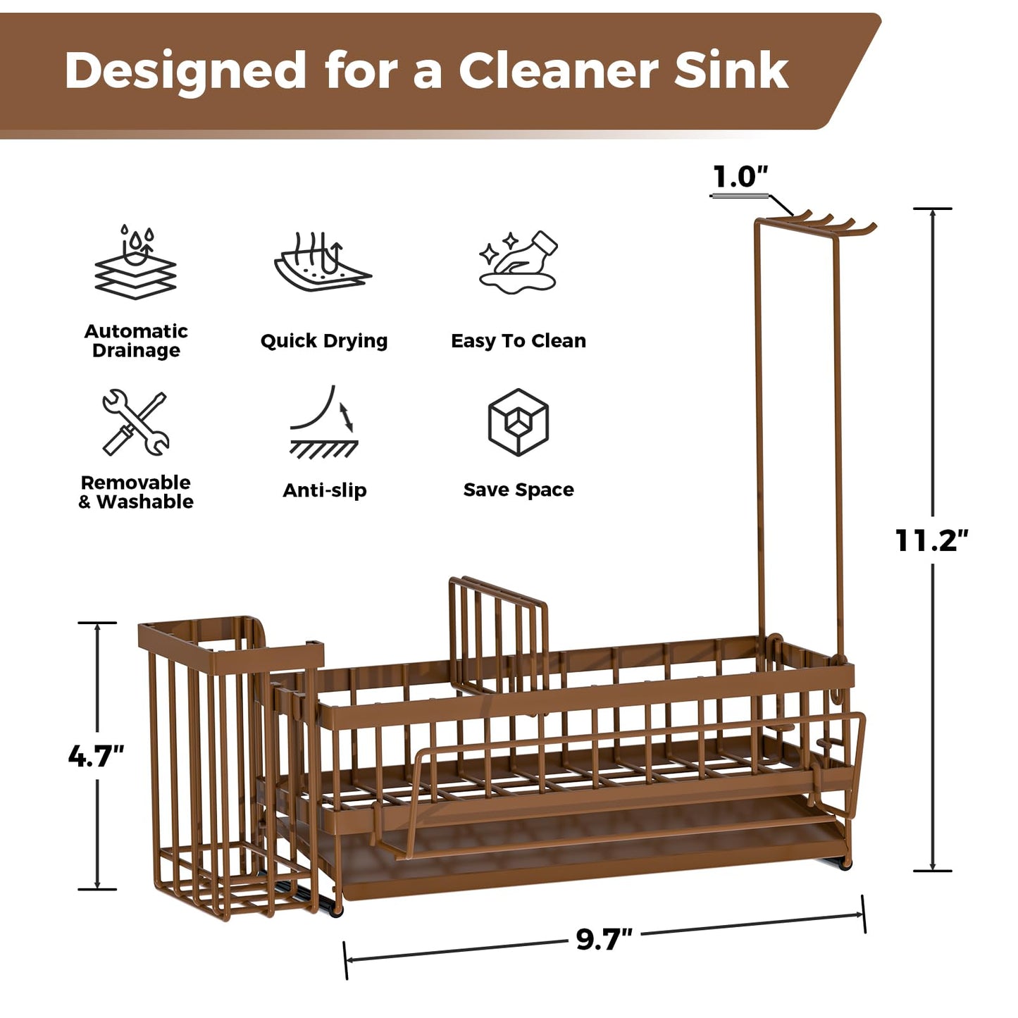 Sponge Holder for Kitchen Sink – Rustproof Stainless Steel with Detachable Drainboard, Brush Rack & Towel Bar | Compact, Non-Slip Design for Countertop Bathroom