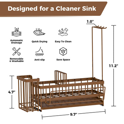 Sponge Holder for Kitchen Sink – Rustproof Stainless Steel with Detachable Drainboard, Brush Rack & Towel Bar | Compact, Non-Slip Design for Countertop Bathroom