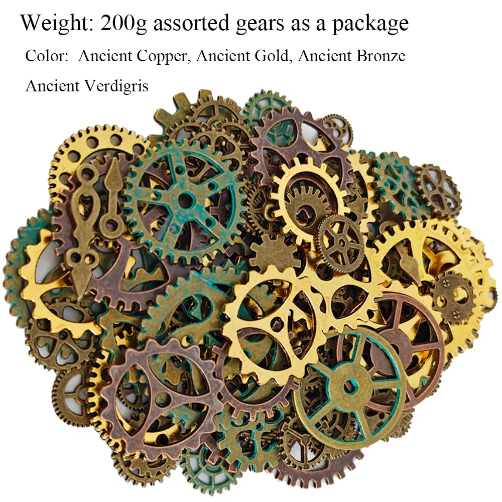 Antique Metal Steampunk Gears Charms Pendant Bulk Mix Steampunk Wheel Alloy Gear 200 Gram about 260 Pieces Different Size 4 Color Antique Metal Free of Rough Edges for Crafting Jewelry Making