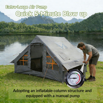 AORZCOR Inflatable Camping Tents, Easy Setup Blow up Tent with Hand Pump, 2-4 Person, Glamping Tents with Stove Jack, Tent with Skylight, Waterproof, 4 Season (Grey)