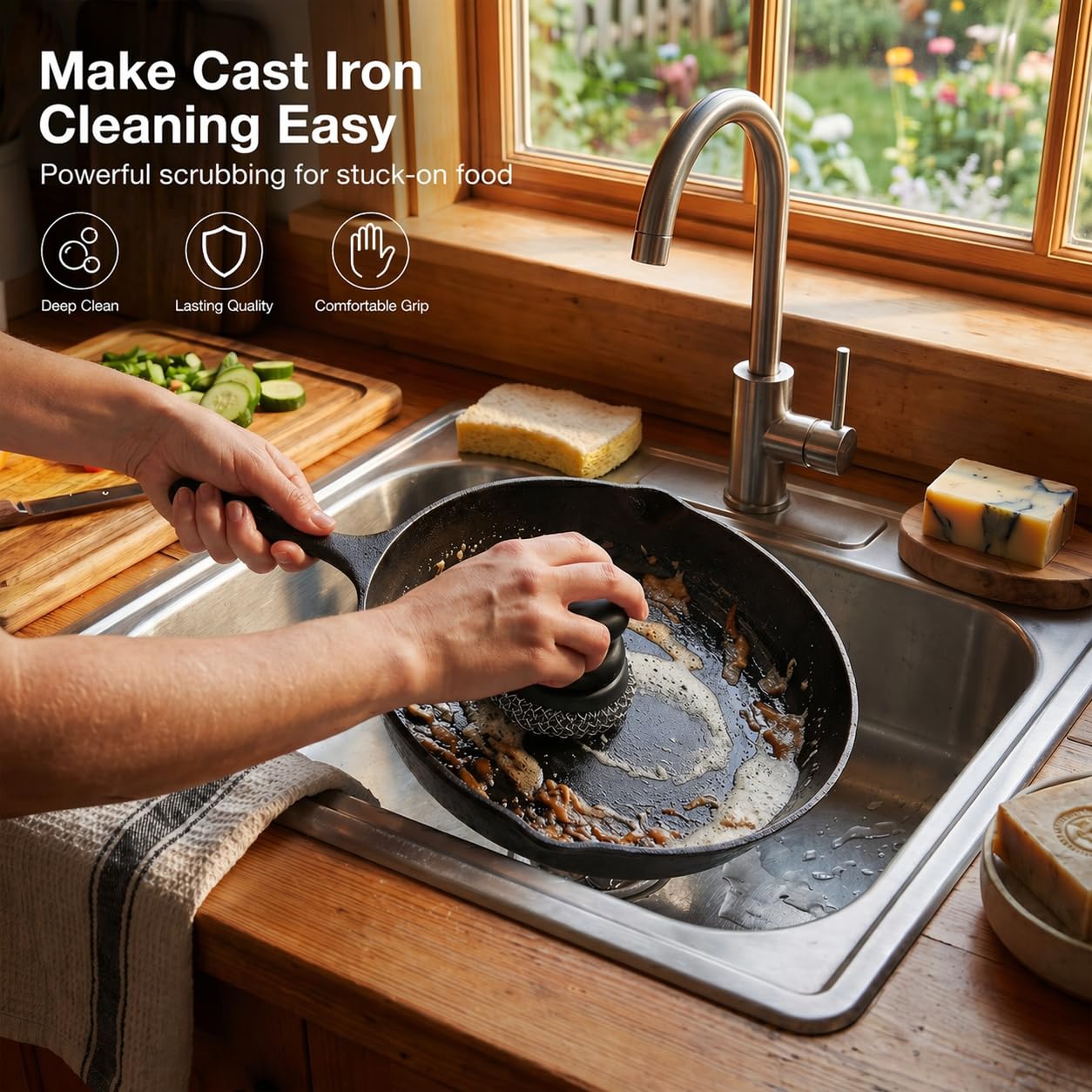 Onewly Cast Iron Scrubber and Scraper, Chain Mail Scrubber Cast Iron for Cleaning Dishes, Stock Pots, Pans, Griddles, Grills, Dish Scouring Pads