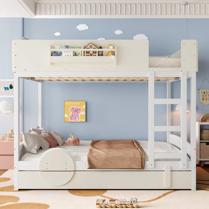 KEIKI Queen Over Queen Size Bunk Bed with Trundle, Pine Solid Wood Triple Bunk Beds Frame with Bookshelf, Guardrail, Slat and Ladders, Automobile Form Design bunkbed for Kids Teens & Adults