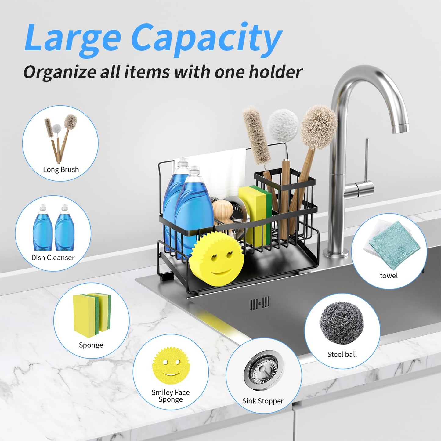 Adurei Sponge Holder for Kitchen Sink 304 Stainless Steel Self-Draining Sink Caddy with Smiley Face Sponge and Brush Holder Towel Bar and Divider Kitchen Gadgets Organizer for Countertop, Black