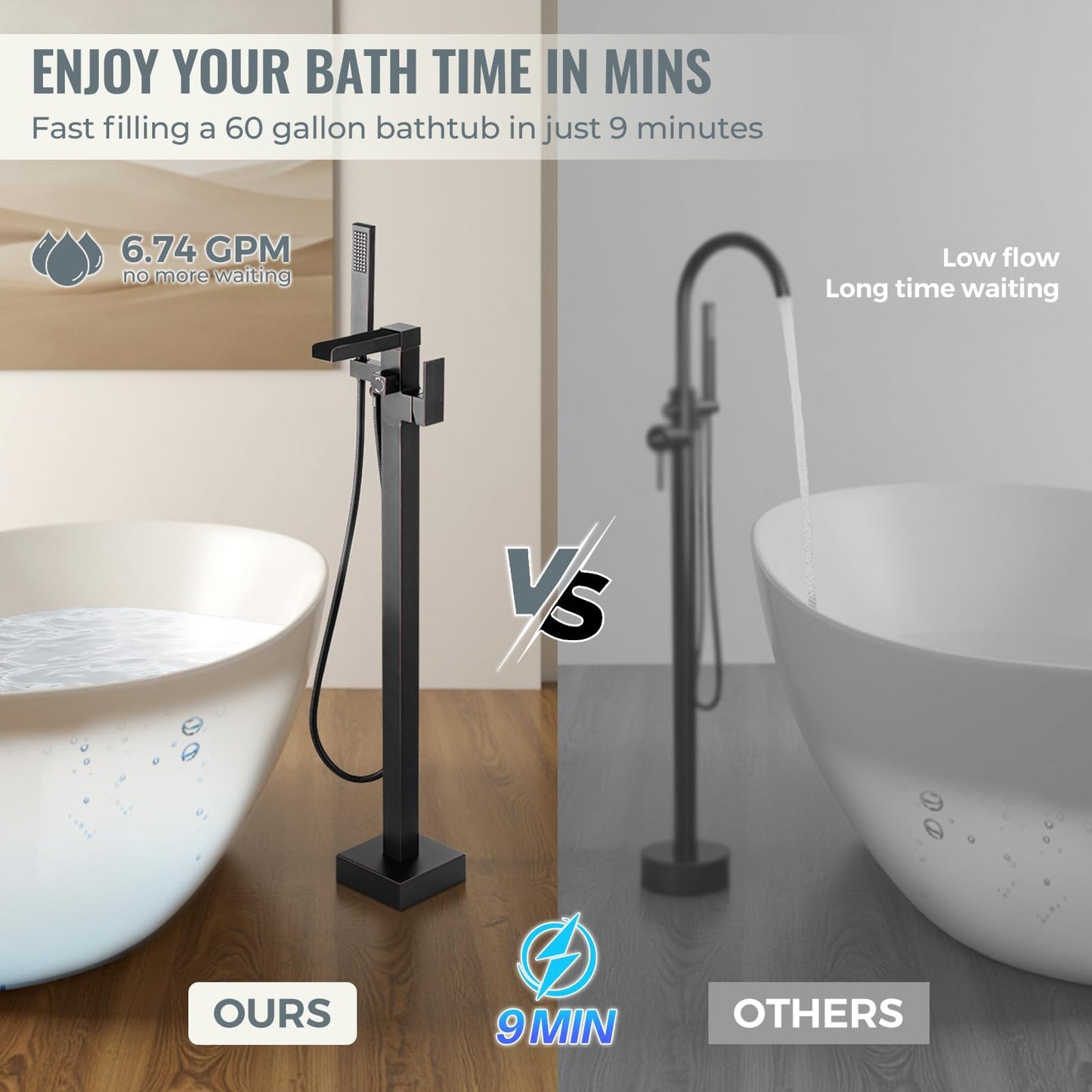 Freestanding Tub Faucet Oil Rubbed Bronze: ALEASHA High Flow Max 6.74 GPM Free Standing Tub Filler-Brass Modern Floor Mount Bathtub Faucet with Handheld Shower, for the Ultimate Elegant SPA Experience