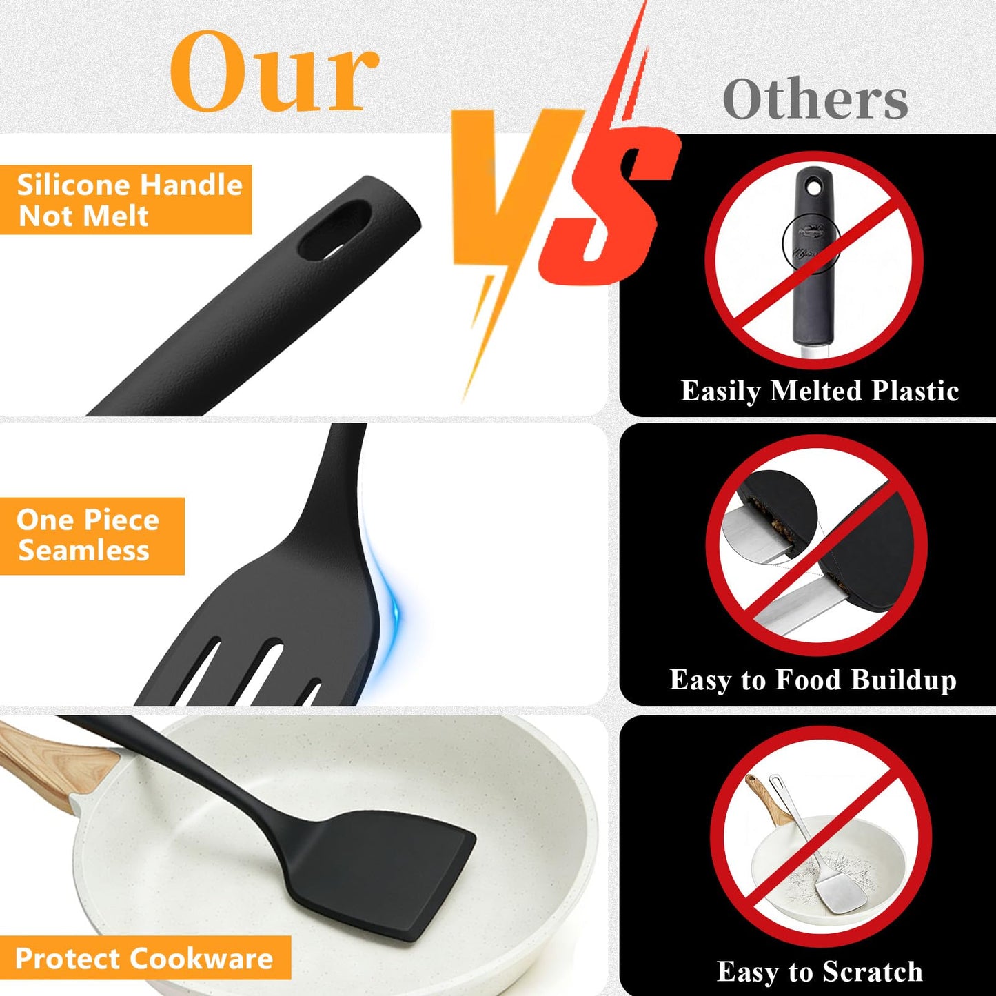 KoudHug Silicone Spatula Turner Set, 600°F High Heat Resistant Spatulas for Cooking, BPA Free, Large Flexible Kitchen Utensils Flipping Eggs, Pancakes, Fish, Burgers, Dishwasher Safe (4 Pack, Black)