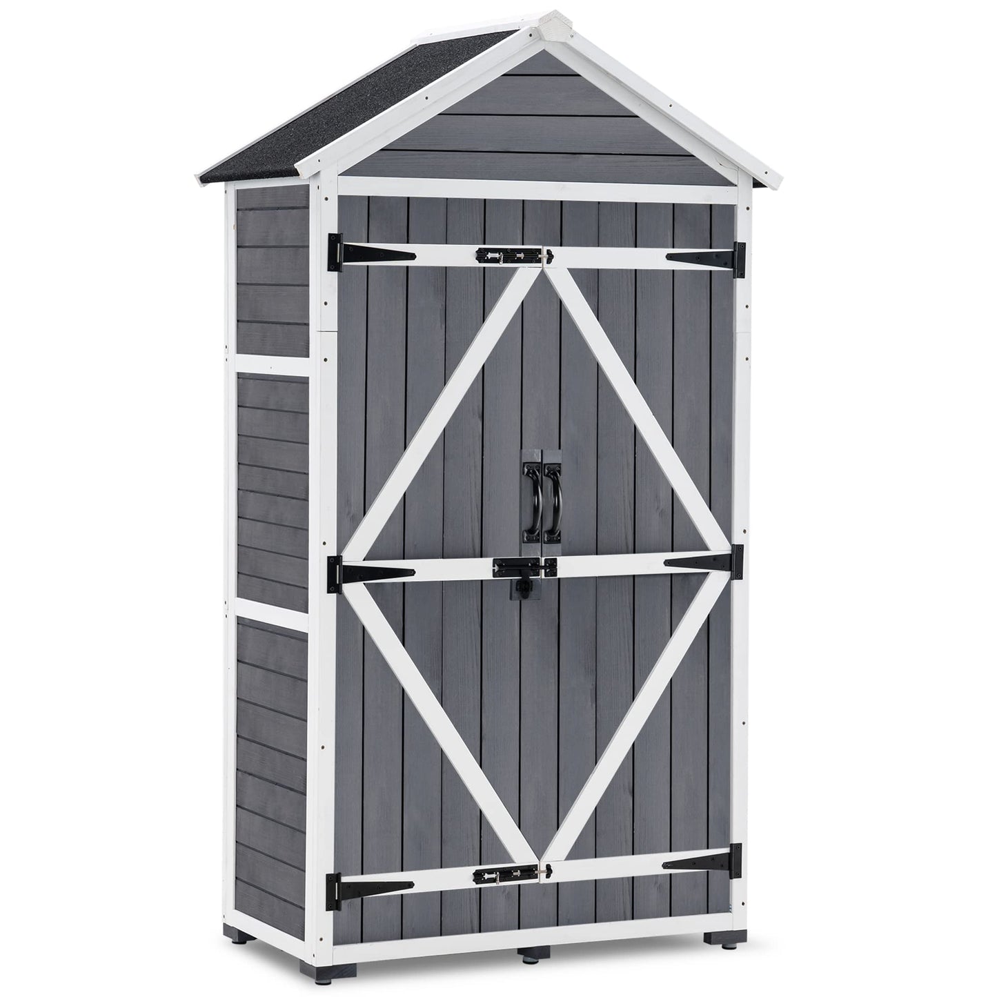 MCombo Outdoor Storage Cabinet with 2 Shelves, Outside Storage Shed with Floor, Wooden Garden Tool Shed with Latch for Yard Deck Lawn, 1000