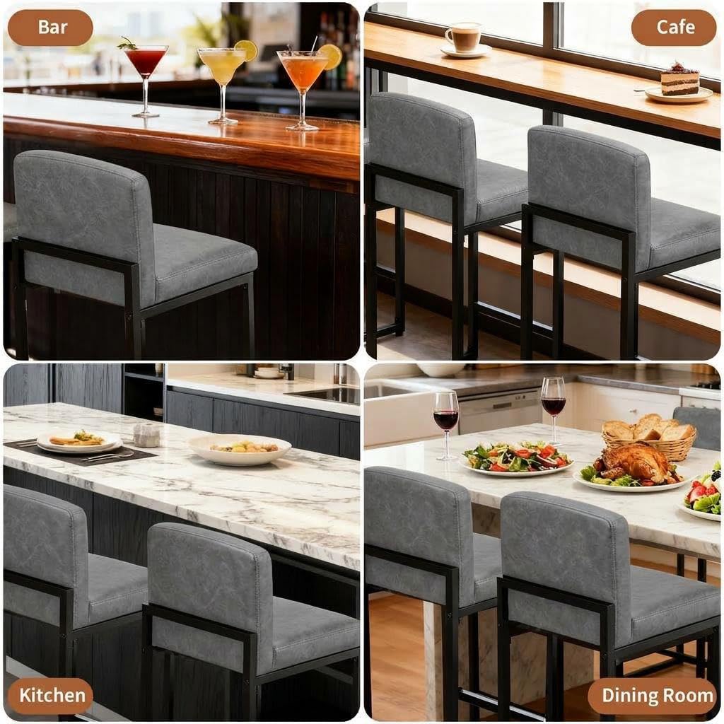 GarveeHome Bar Stools Set of 4, Modern Counter Height Bar Stools with Back and Footrest, Faux Leather Upholstered Barstools Chairs for Kitchen Island Dining Room Bar, Grey