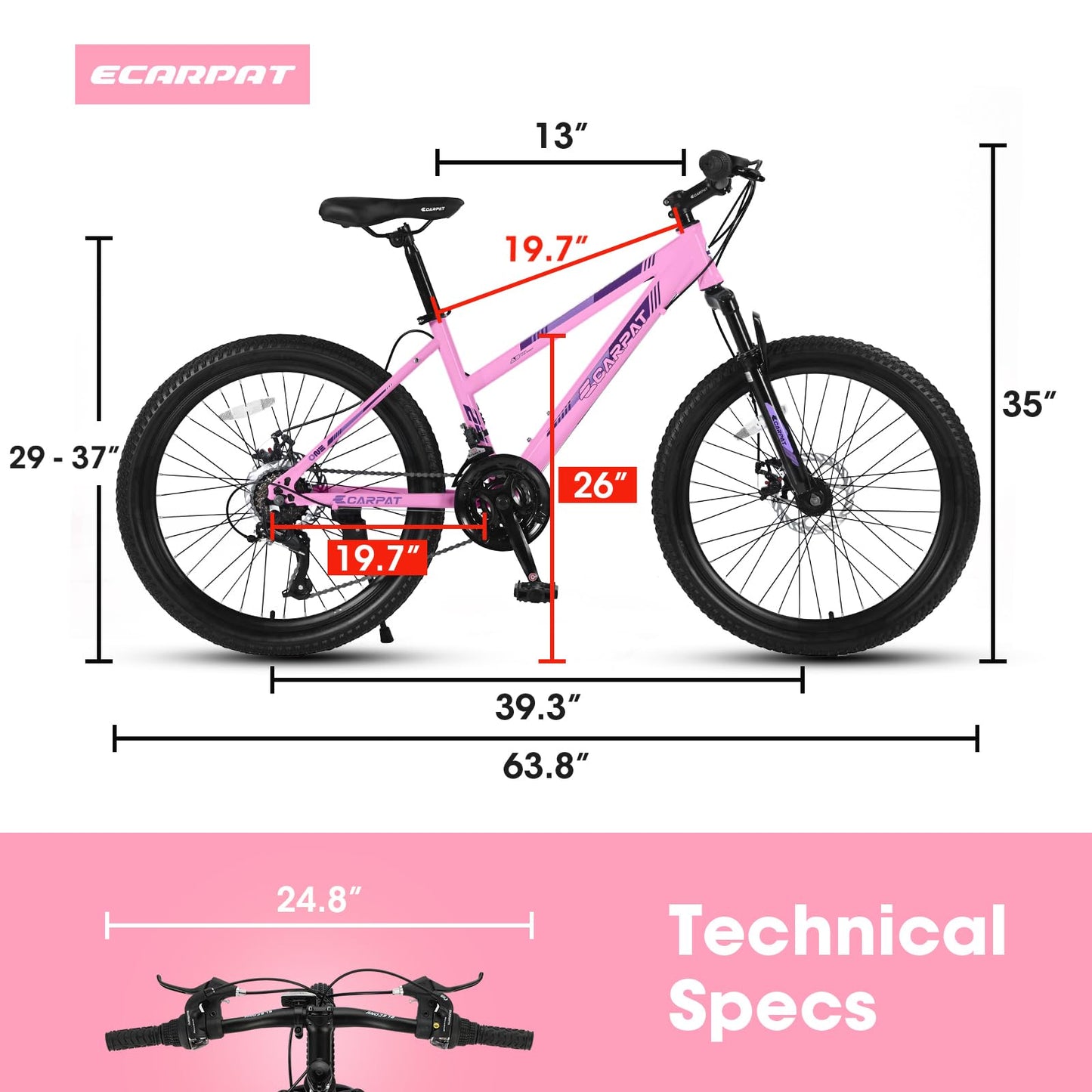 Ecarpat Women's Mountain Bike 24 Inch Wheels, 21-Speed Trail Commuter City Mountain Bikes, 15" Carbon Steel Frame Female Bicycles Disc Brakes Front Fork, Pink