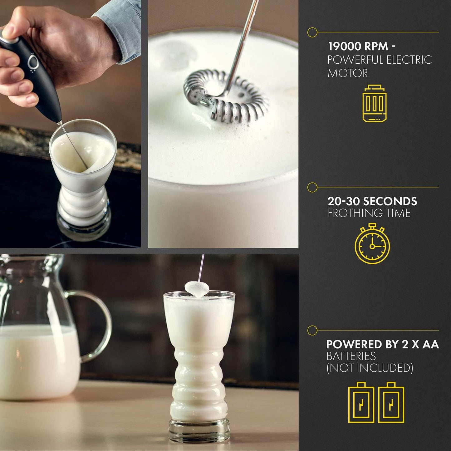 Handheld Milk Frother for Coffee, Stainless Steel Electric Drink Mixer & Matcha Whisk with Stand, Black