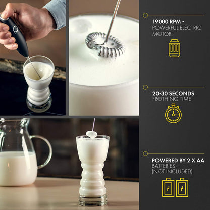 Handheld Milk Frother for Coffee, Stainless Steel Electric Drink Mixer & Matcha Whisk with Stand, Black