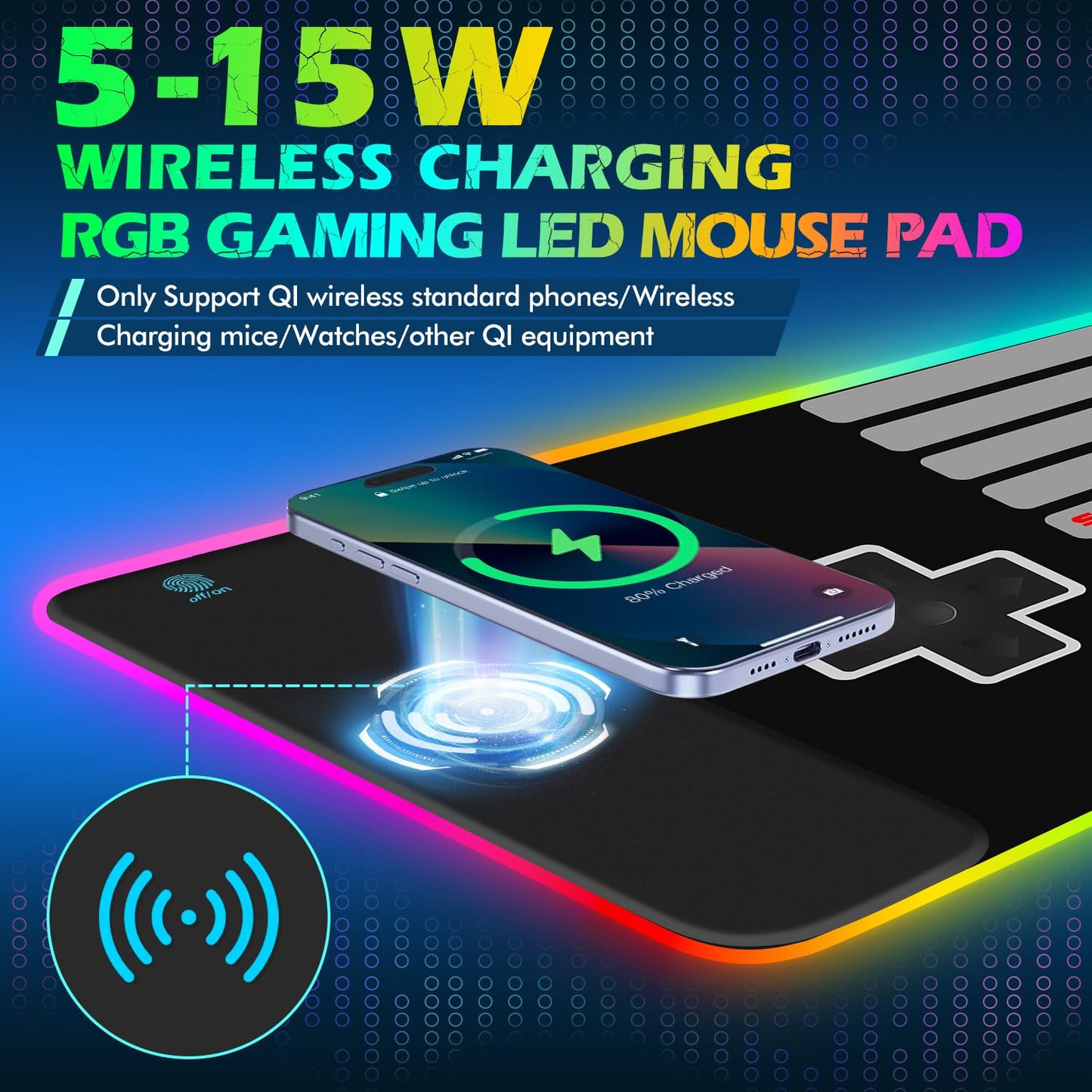 ToLuLu RGB Gaming Wireless Charging Mouse Pad, 5/7.5/10/15W 10 Light Modes LED Mouse Pad Computer Keyboard Mat Mousepad, 800x300x4MM Extended Large Desk Mat for Gaming, MacBook, Laptop, PC, Galaxy