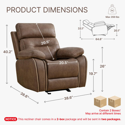 KISLOT Leather Recliner Chair Manual Sofa Rocker for Adults with Overstuffed Arm for Living Room Bedroom Home Theater Seating