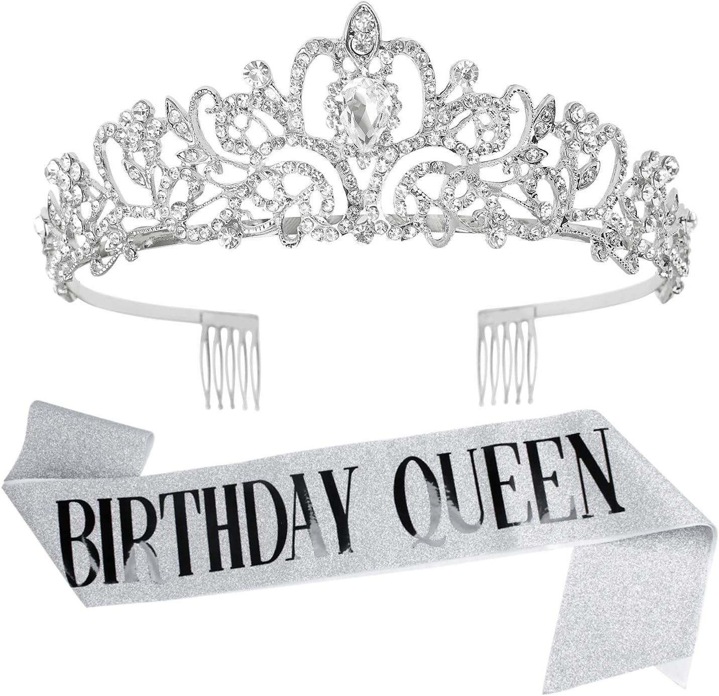 VELSCRUN Tiara for Women, Happy Birthday Queen Tiara with Birthday Girl Sash, Rhinestone Crown for Girls