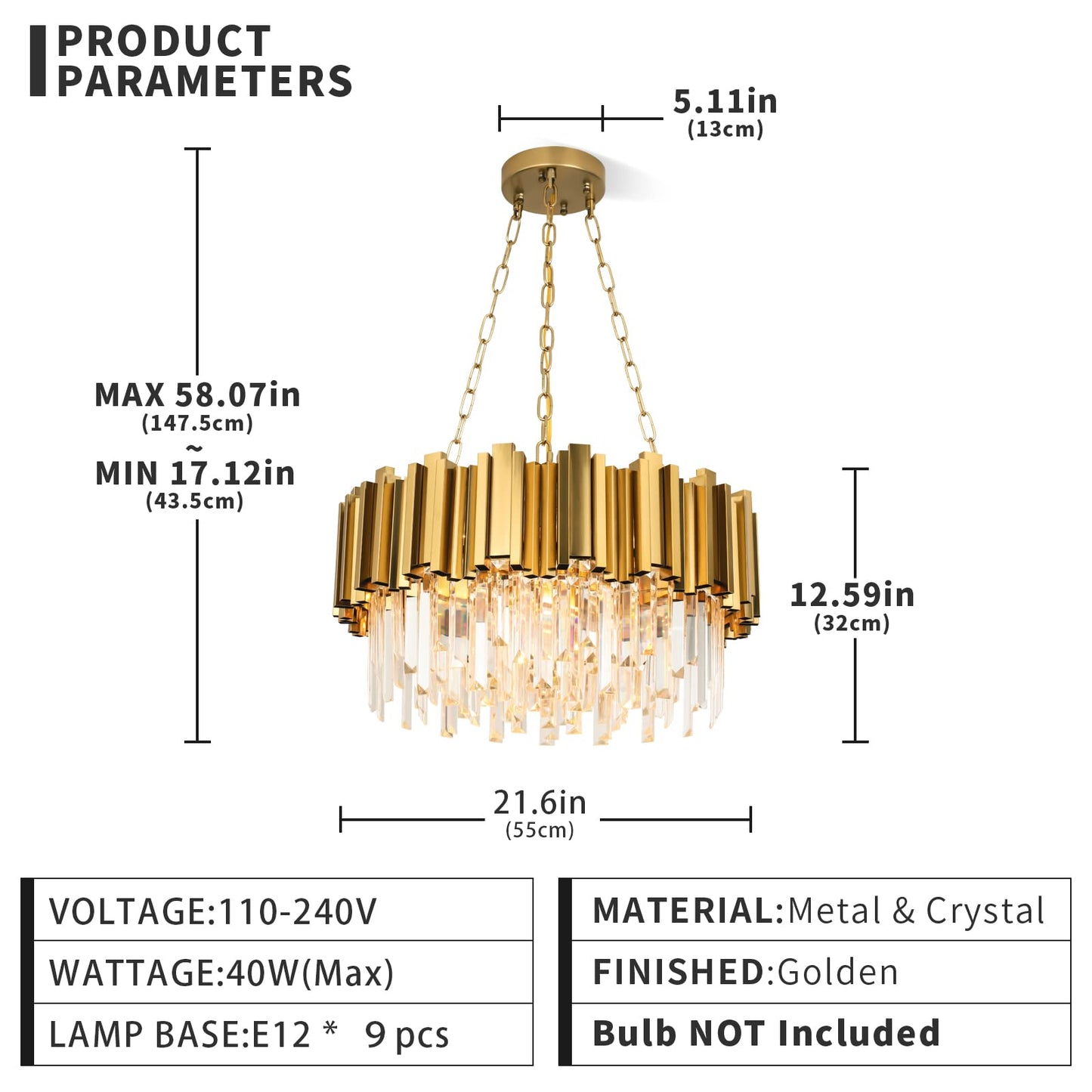 Modern Chandeliers Crystal with Light Gold Crystal Chandelier Hanging Ceiling Light Fixture 9 Lights Chandelier Modern Crystal Round Pendant Light Fixture Dining Room Living Room Bedroom W22in