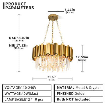 Modern Chandeliers Crystal with Light Gold Crystal Chandelier Hanging Ceiling Light Fixture 9 Lights Chandelier Modern Crystal Round Pendant Light Fixture Dining Room Living Room Bedroom W22in